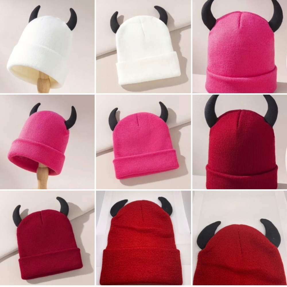 3 pack 1 red 1 pink 1 white knit beanie cap horns devil hat winter goth punk emo